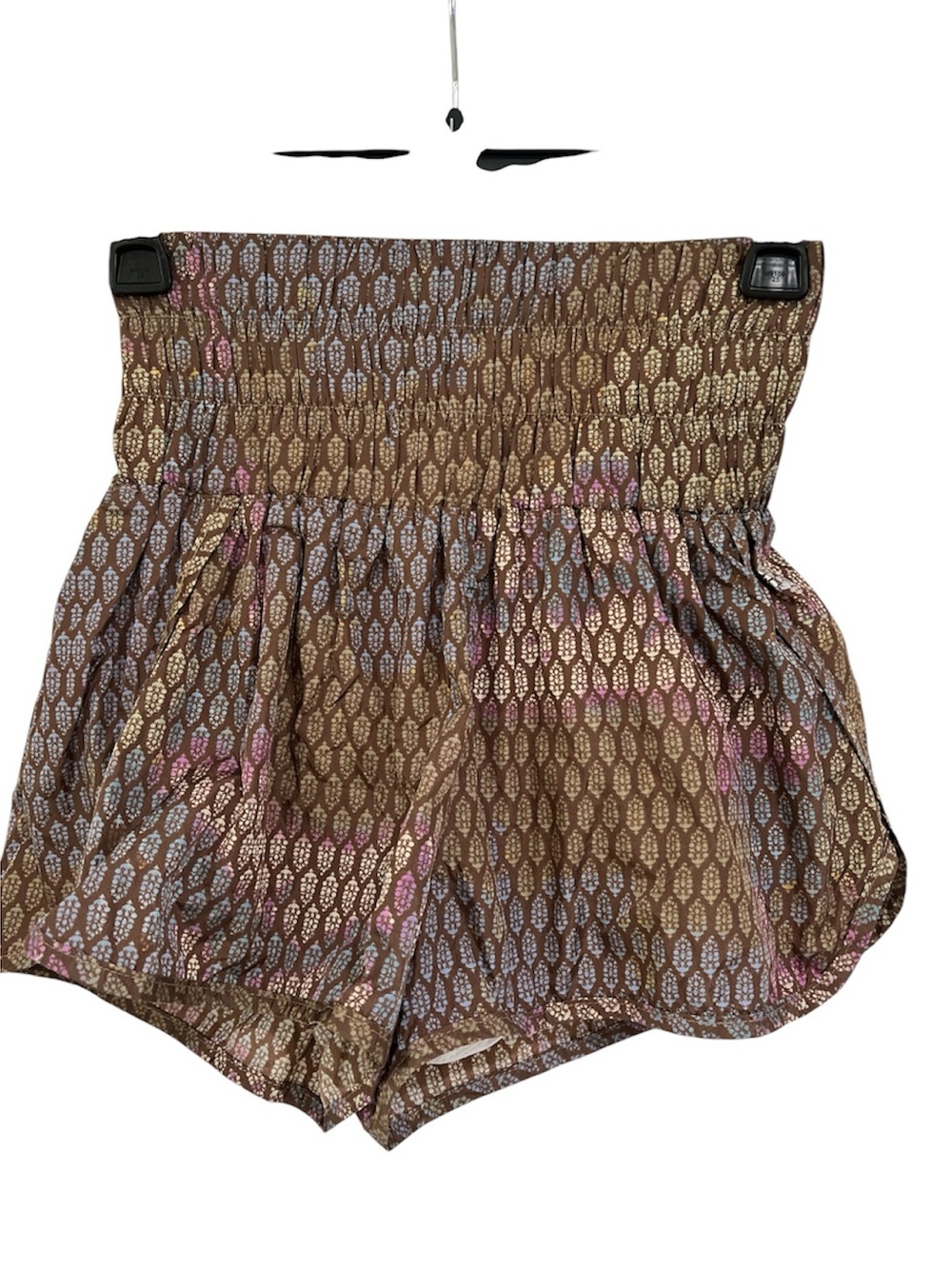 Free People Brown High-Waist Smocked Patterned Shorts with Pink & Blue Accents